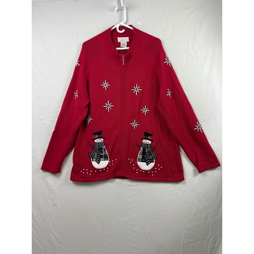 Mandalay Bay Snowman Cardigan Womens XXL Red Holiday Zip Up Beaded Snowflake
